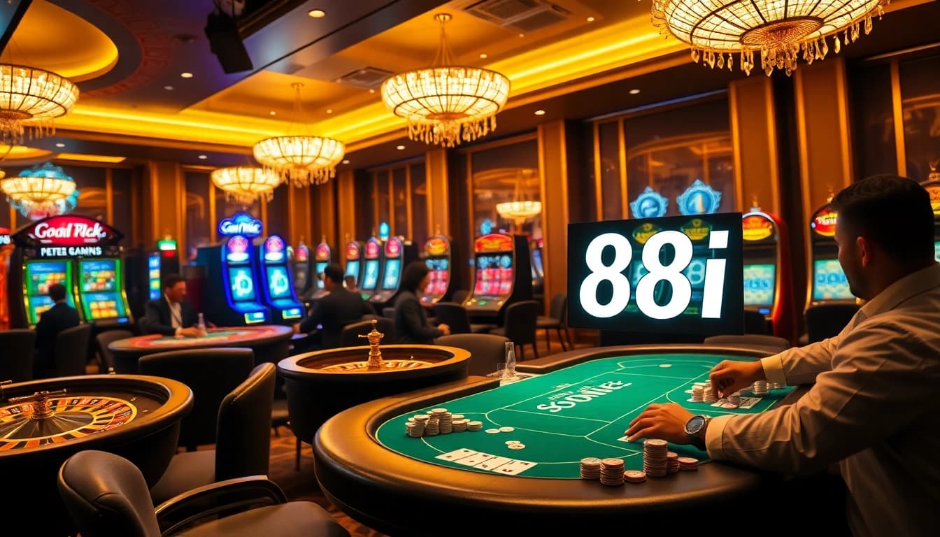 Players enjoying high-stakes poker at a luxurious casino table featuring 88i elements, illuminated by warm lights.