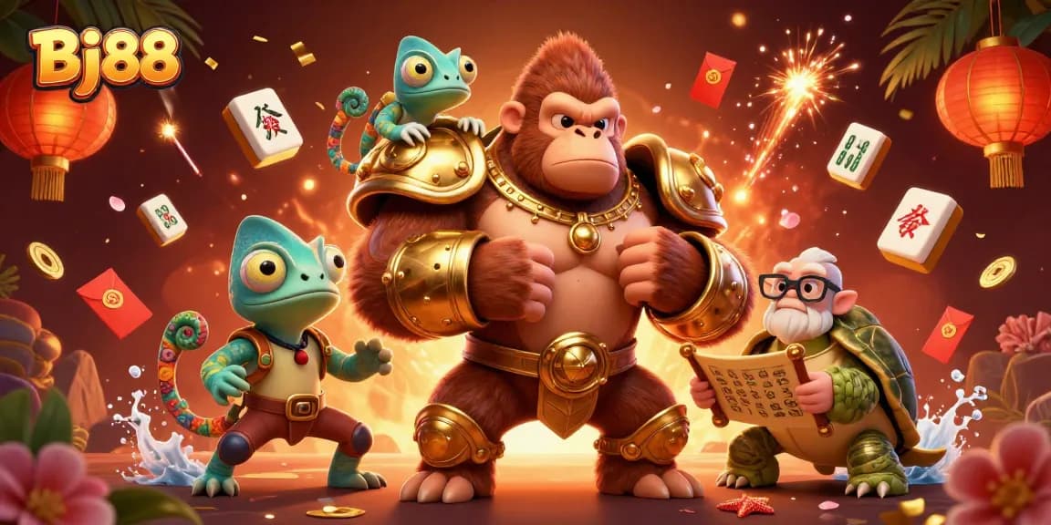 Experience thrilling gaming action at Bj88 with vibrant characters engaging in epic casino adventures.