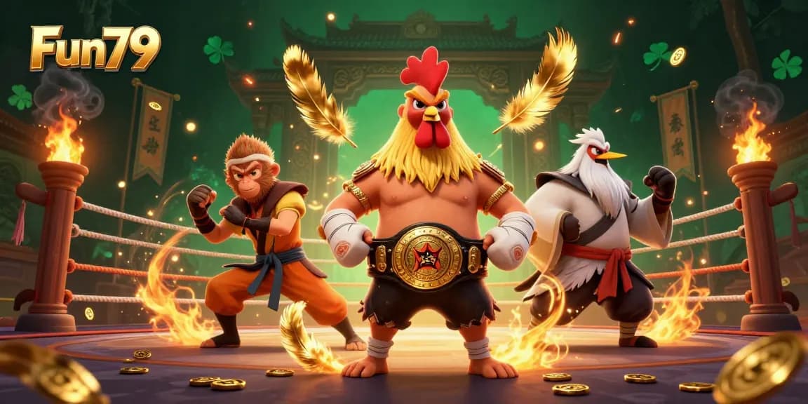 Engage in thrilling gameplay at Fun79 with a dynamic scene featuring a Muay Thai rooster, Shaolin monkey, and wise crane master.