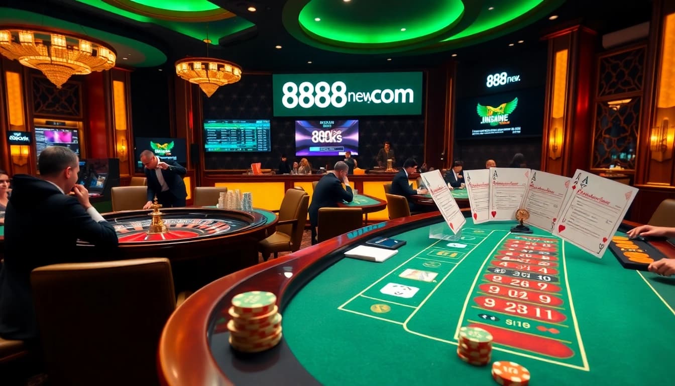 An engaging casino scene featuring online betting elements from 888new.com, showcasing poker chips, roulette wheels, and players in action.