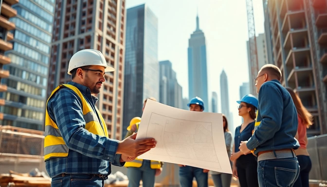 Detail-oriented Manhattan General Contractor collaborating at a bustling urban construction site.
