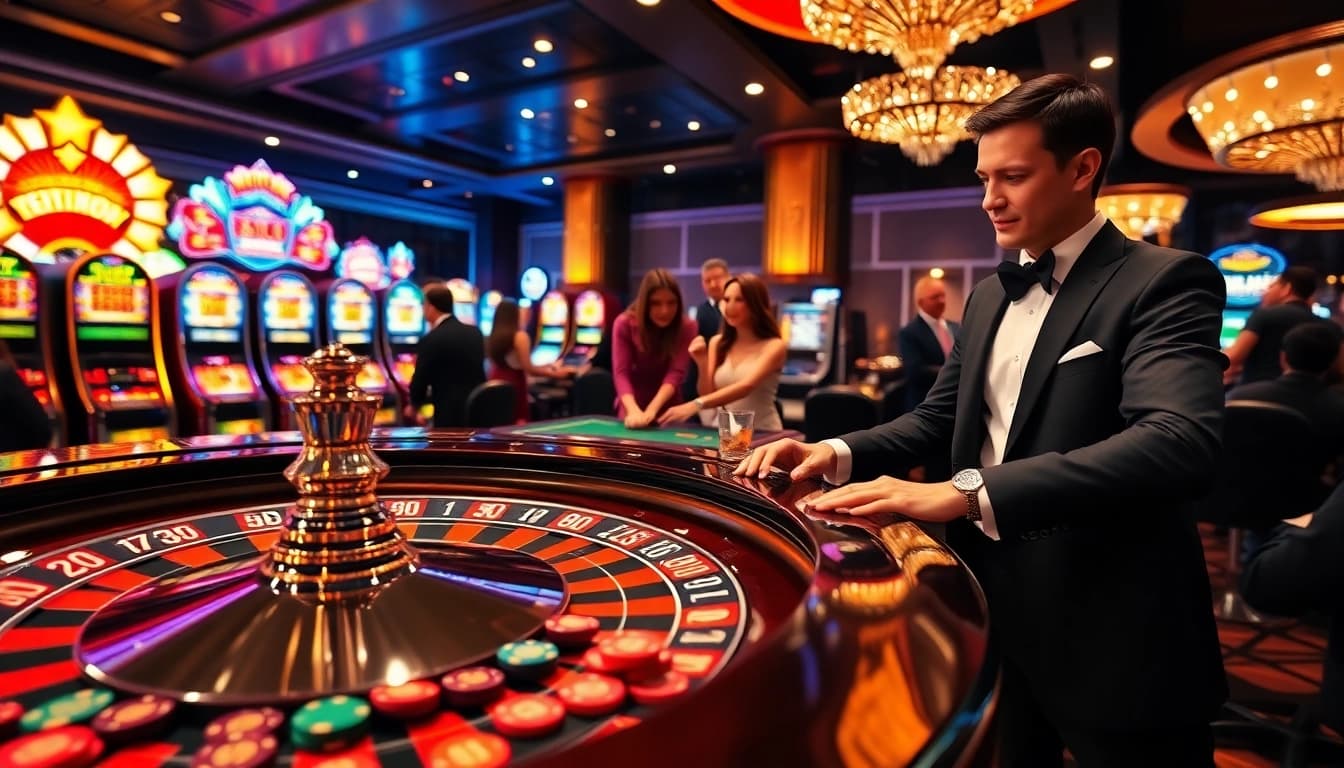 Pemain yang bersemangat di meja roulette dalam lingkungan kasino mewah menampilkan Server Thailand.
