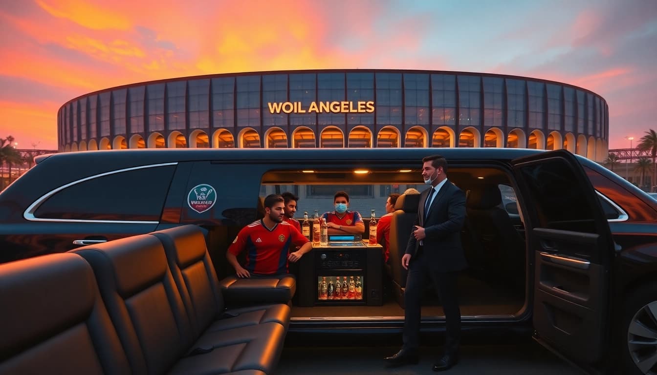 World Cup Group Transportation in luxury limousines outside LA stadium with excited fans.