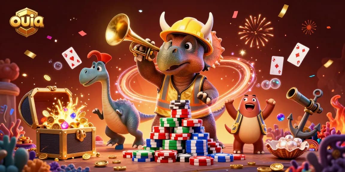 Celebrate your wins with ouia in this vibrant casino scene featuring dinosaurs and festive elements.