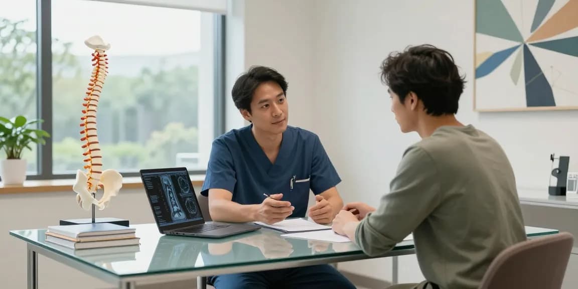 Bel kayması ameliyatı consultation scene in a modern medical setting focusing on patient and spine surgeon.