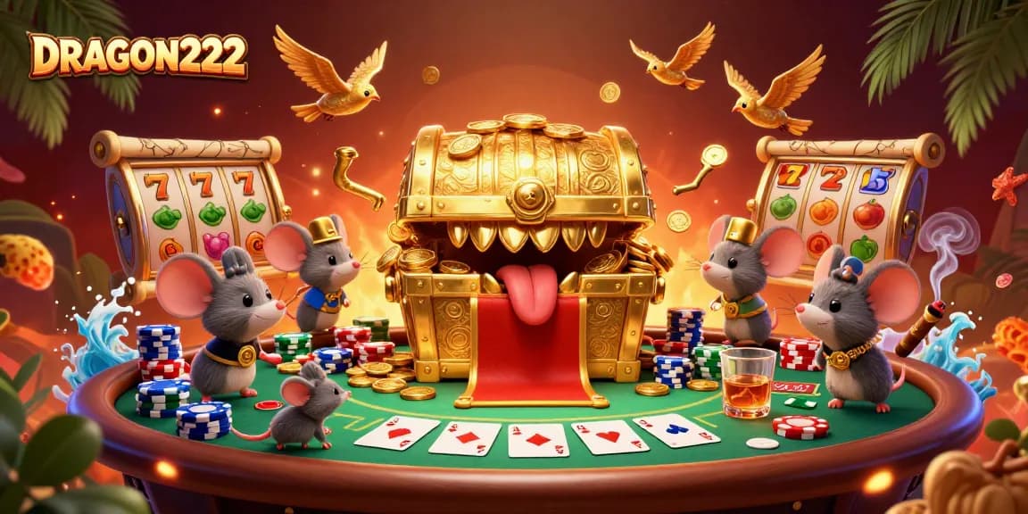 Engage in thrilling wins with DRAGON222 featuring a vibrant treasure chest and dynamic slot elements.