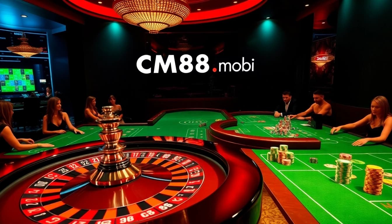 Experience the thrill of high-stakes gaming at cm88.mobi with poker chips and roulette excitement.