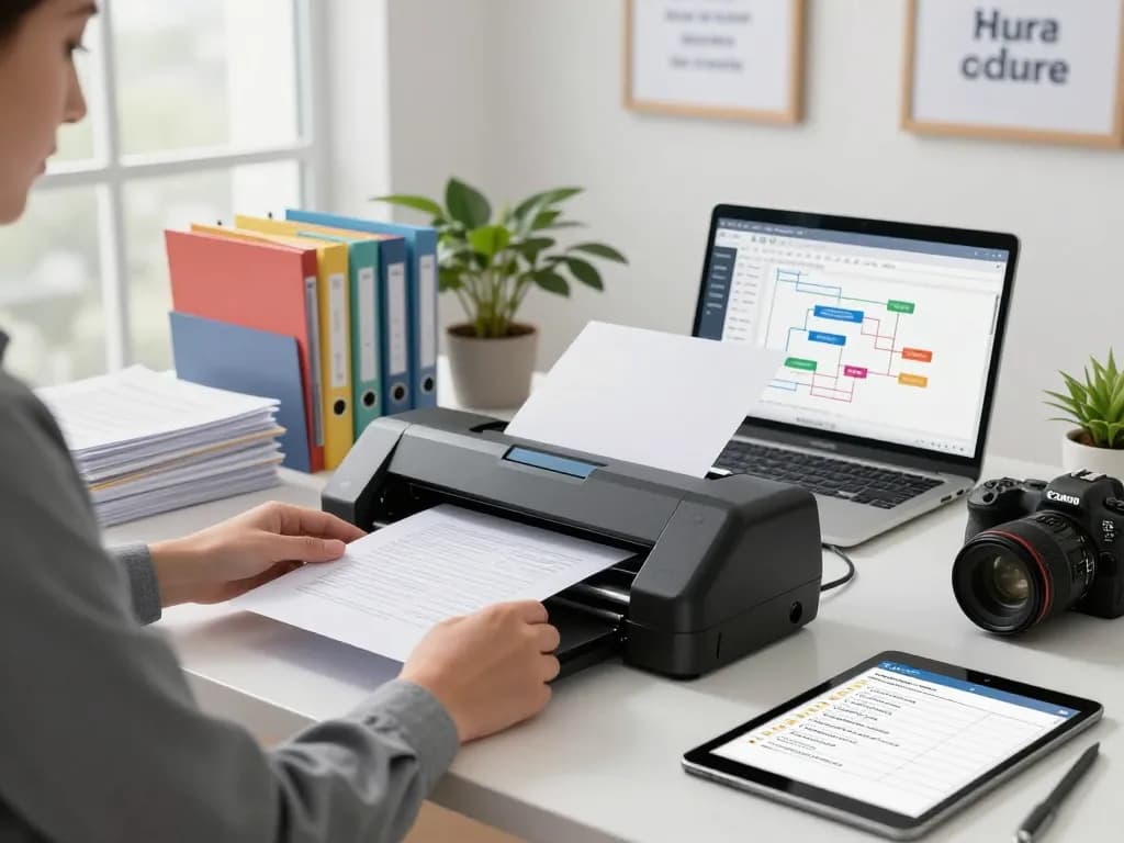 Bóc giấy tờ bị ép plastic in efficient document processing office setting with laminating machine and organized workspace.
