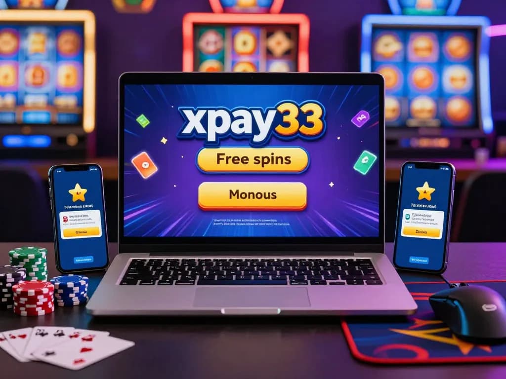 xpay33 promotion banner on a laptop screen with gaming chips and cards, showcasing exciting online gambling.