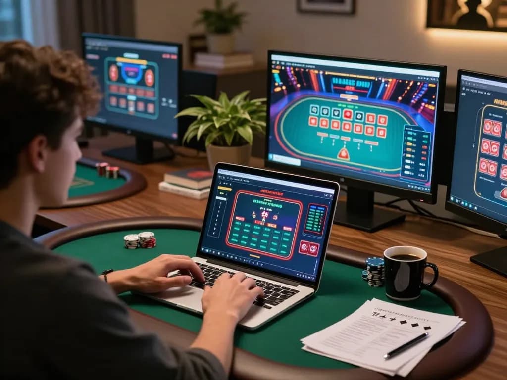 56WIN player engaging in online poker gaming at home with strategy notes and laptop