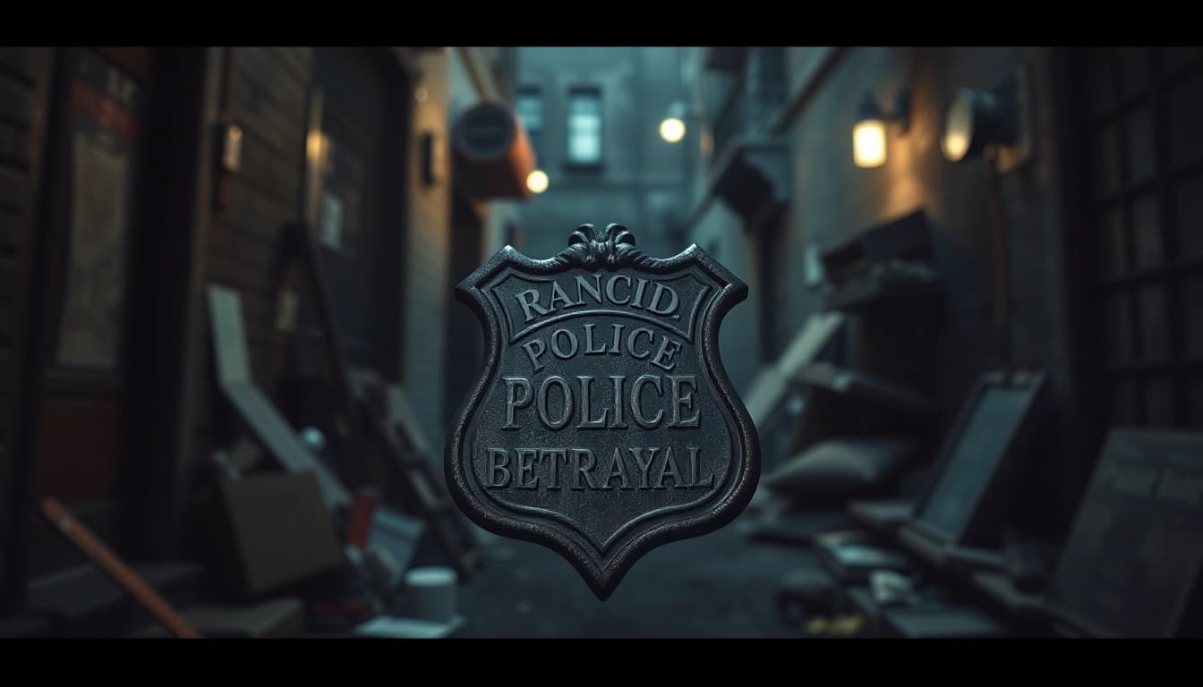 Unveiling the gripping narrative of Rancid Badges through a dramatic close-up of a weathered police badge.