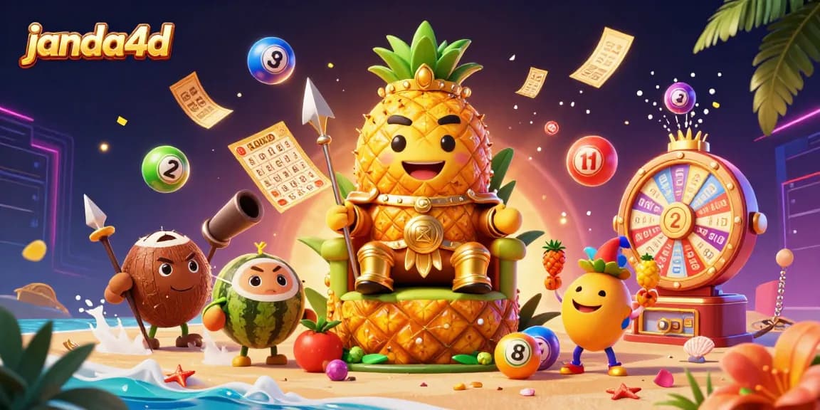 Janda4d menampilkan raja nanas emas bermain lotere di kasino dengan elemen berwarna cerah dan bola lotre.