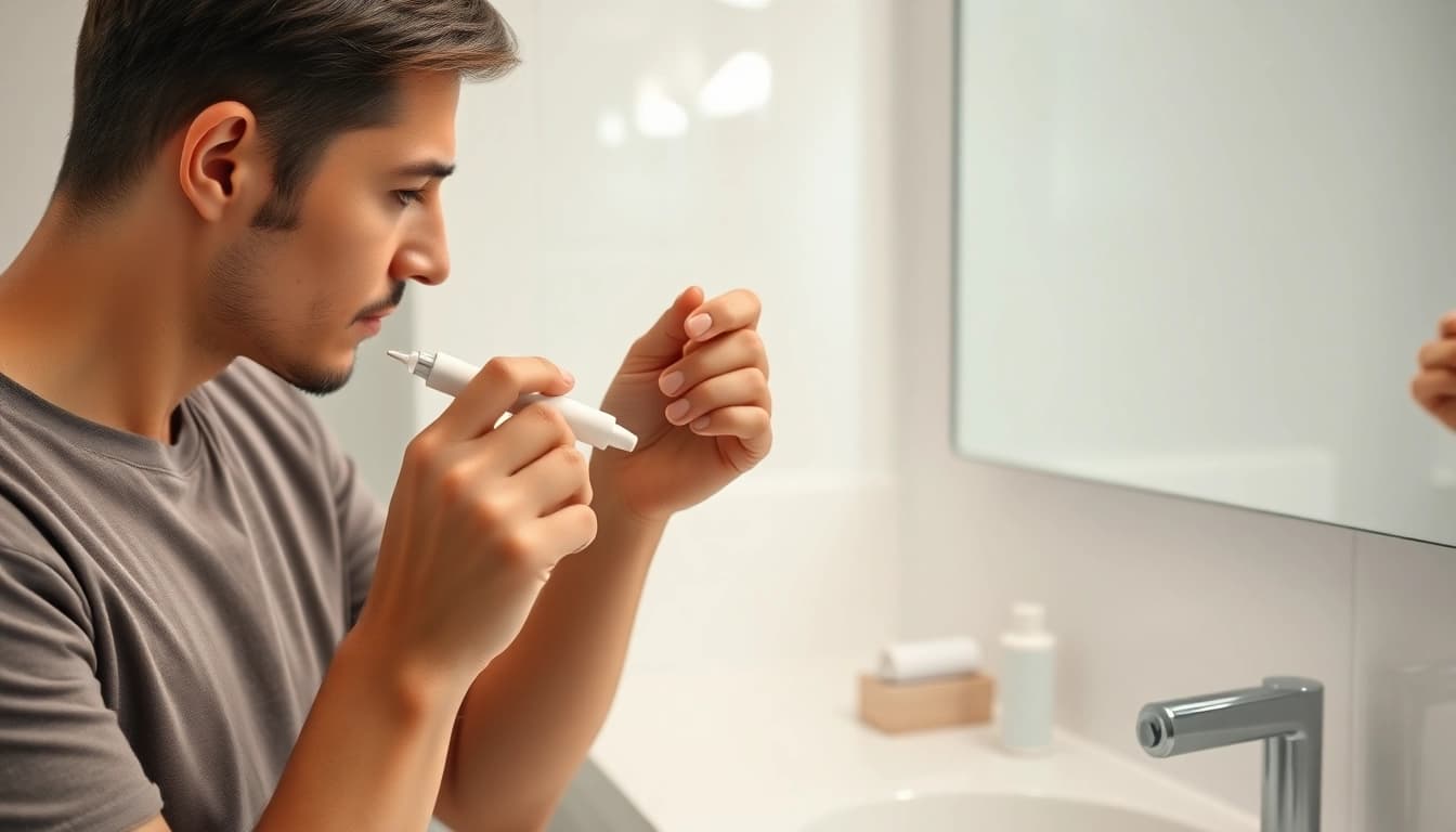 Learn how to use laser pen for skin tag removal in a modern bathroom.