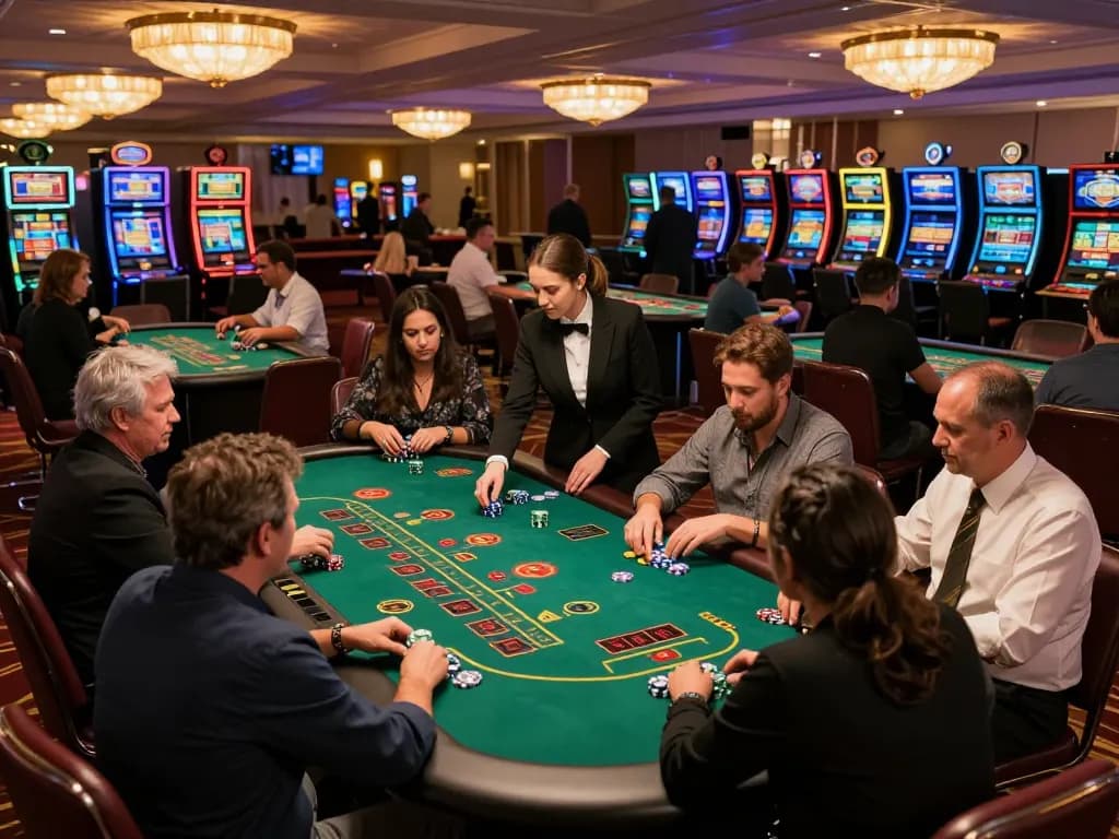Sunwin players engage in intense blackjack gameplay at a vibrant casino floor.