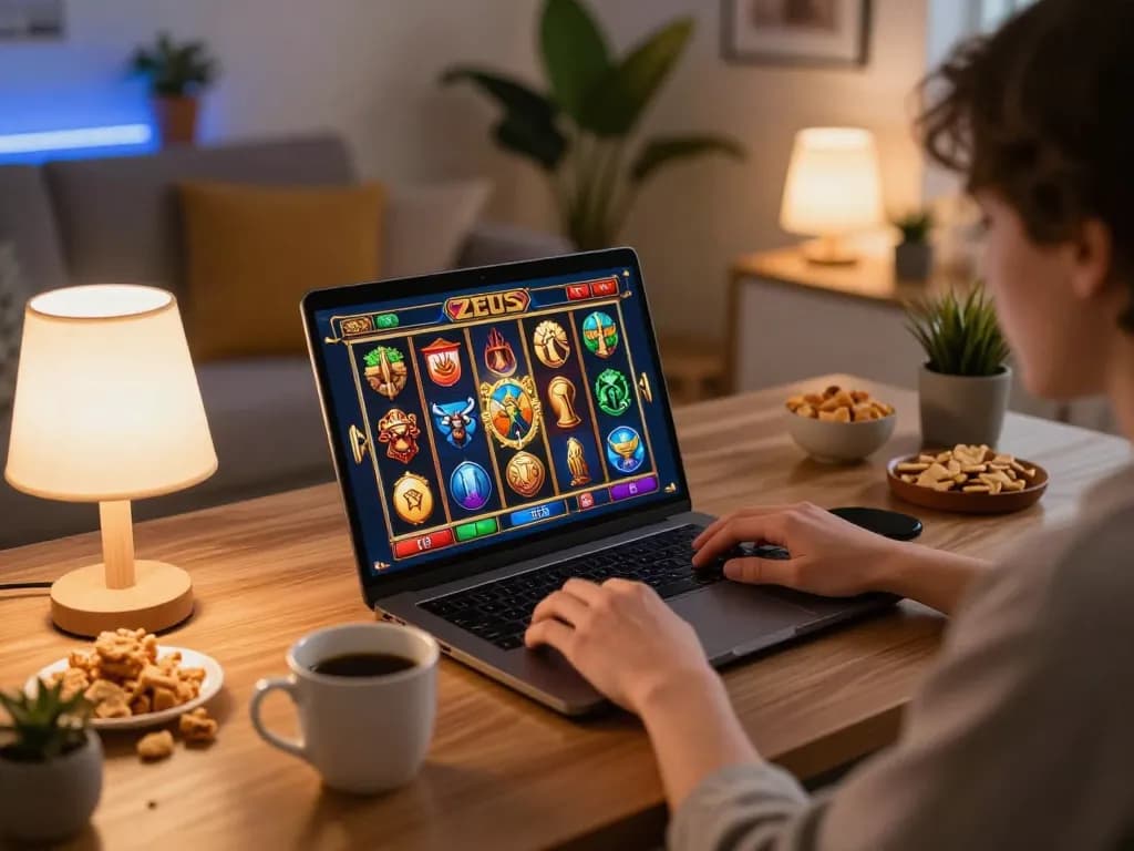 Memainkan slot zeus di laptop dalam pengaturan permainan rumah yang nyaman dengan gulungan berwarna-warni dan camilan.