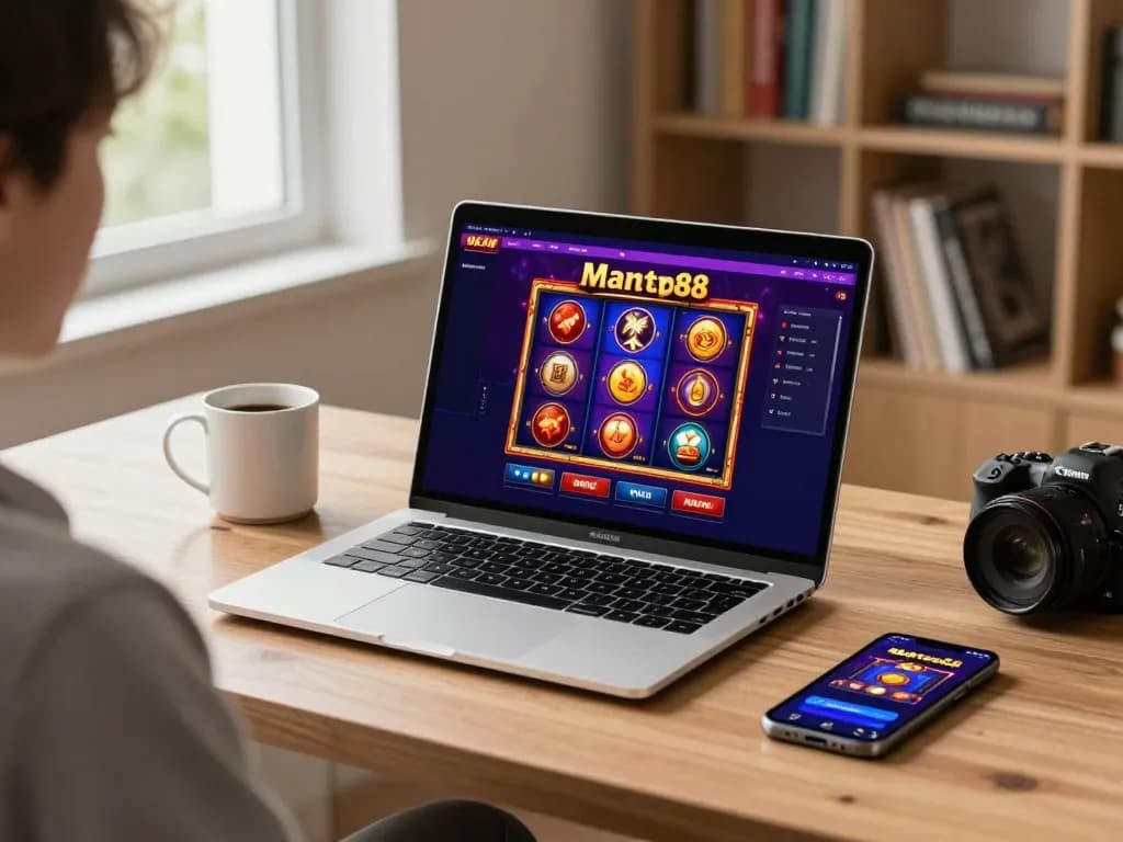 Mantap88 - Best Link Free Credit Casino players engaging in online slots on a sleek laptop setup
