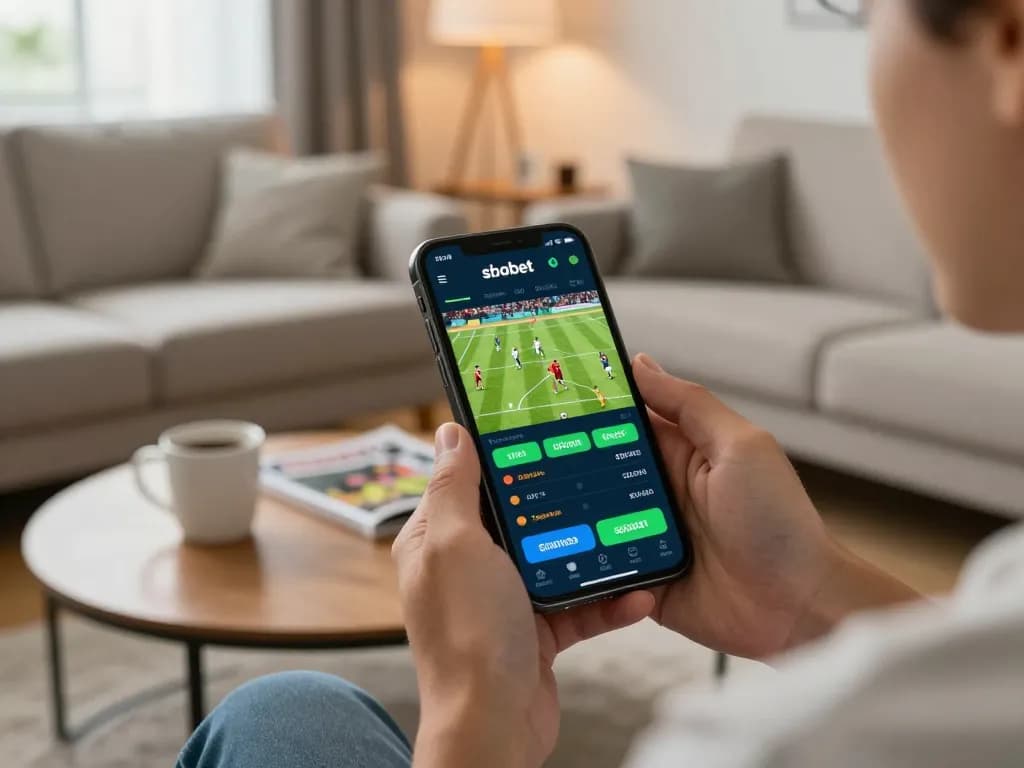 Placing a bet on situs parlay via mobile app in a vibrant home setting.