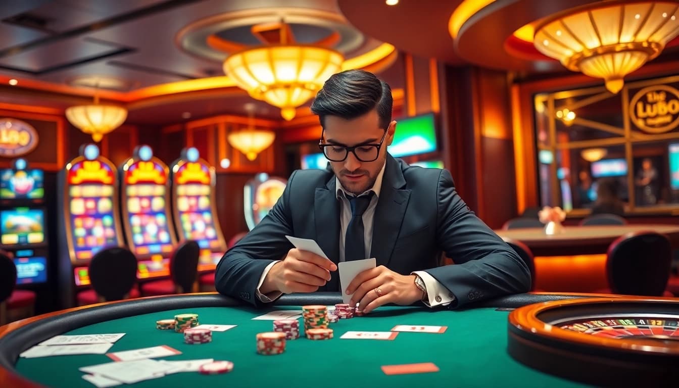 lu88 poker table with vibrant chips and cards in an elegant casino setting