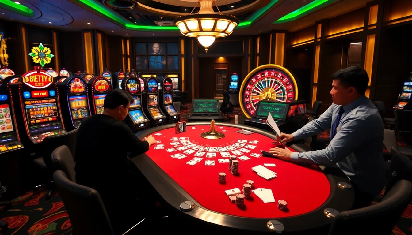 Xôi Xoài TV showcases a thrilling casino environment with vibrant slots and poker tables in action.