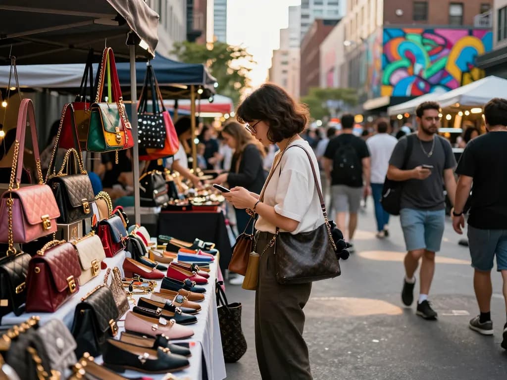 Fashionable individual exploring luxury 레플리카 items at an urban street market.