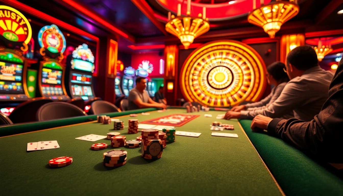 Experience the thrill of a luck8 casino with players enjoying poker and vibrant slot machines.