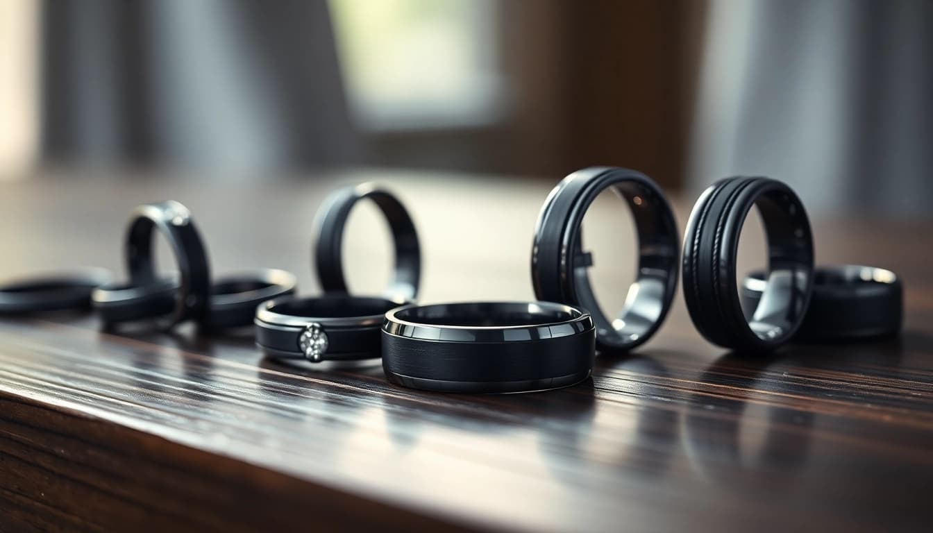 A collection of stylish black wedding rings for men showcasing unique designs and finishes.