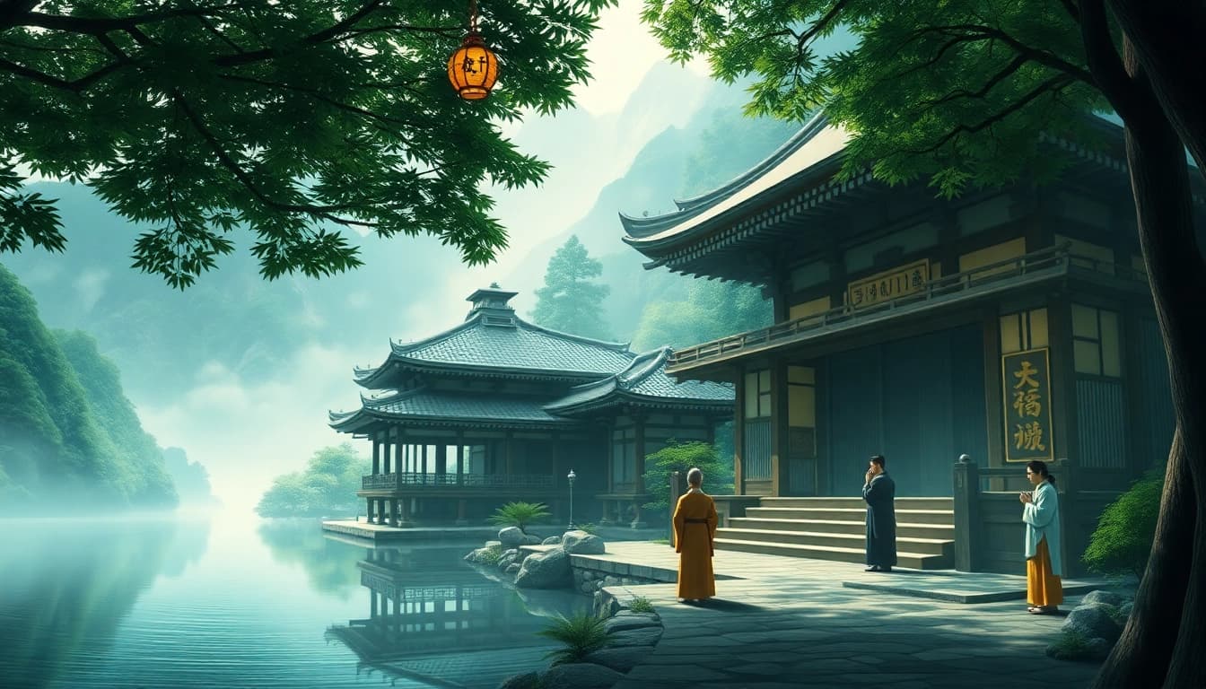 即身仏に祀られた静かな日本の寺院の画像。緑豊かな山々と伝統的な装いの参拝者に囲まれている。
