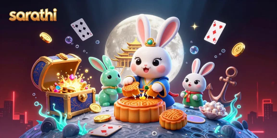 Engage with sarathi as the moon rabbit discovers poker chips in mooncakes amidst a shimmering casino scene.