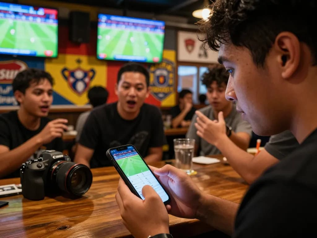Engaging scene of a sports fan analyzing tỷ lệ kèo nhà cái trực tuyến on a smartphone during a live match.