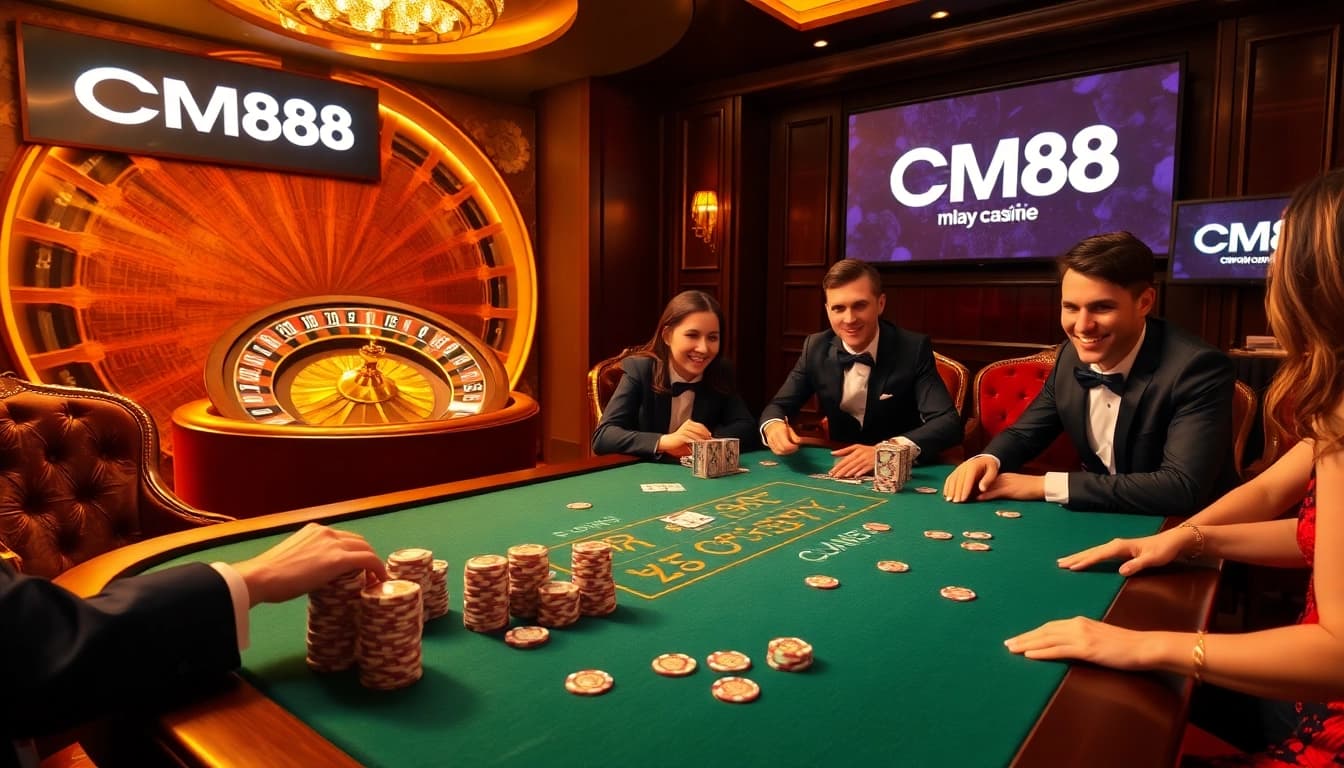 Excited players engage at a CM88 poker table, showcasing a thrilling casino atmosphere.