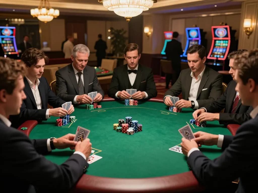 Players engaging in a high-stakes poker game at a luxury casino, featuring fabet strategy in action.
