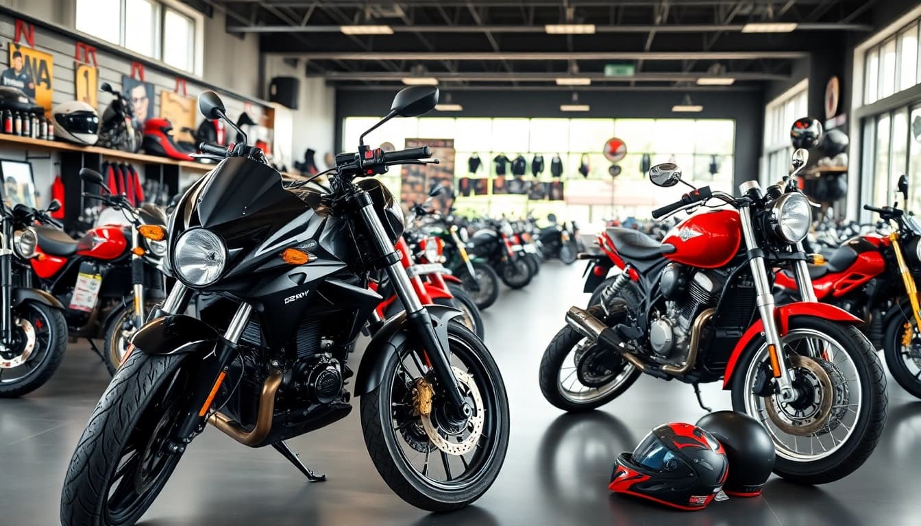 Motorräder gebraucht kaufen in einer einladenden Verkaufsumgebung mit vielfältiger Auswahl.