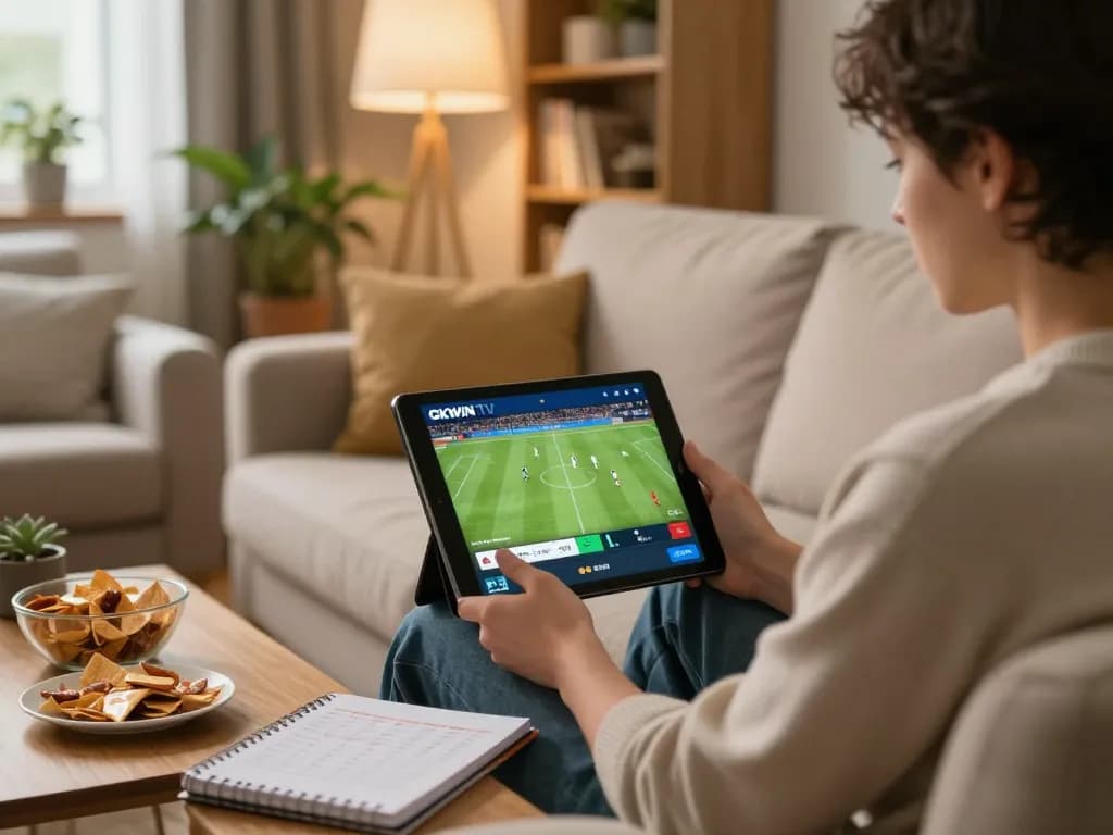 Enjoying live sports on OKWIN TV with a tablet, reflecting a responsible gambling lifestyle.