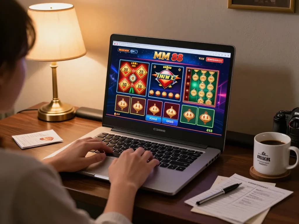 Engaging in MM 88 online gambling with a laptop at home, showcasing virtual games in a cozy setting.