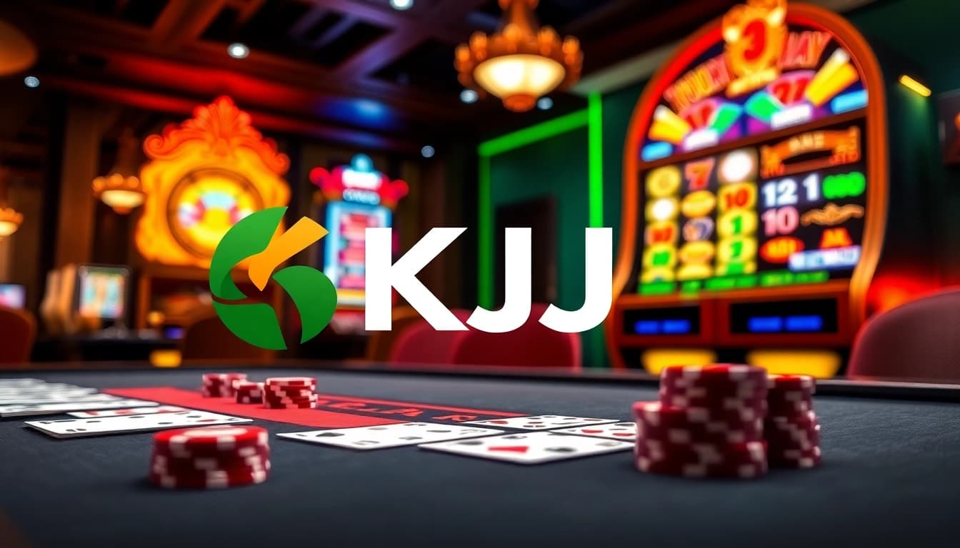 KJC casino scene showcasing an elegant poker table and vibrant slot machines, evoking excitement.
