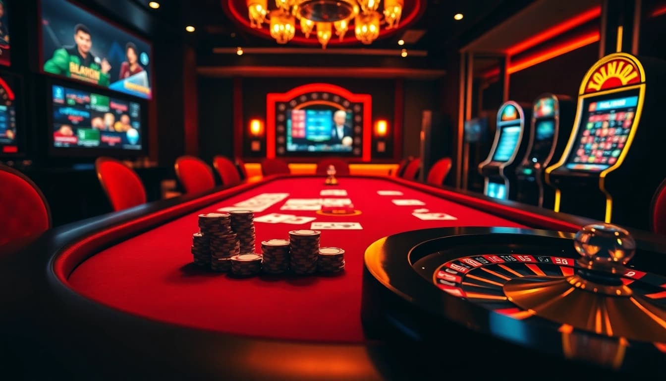Vivez l'excitation du casino en ligne avec des jetons de poker et des cartes sur une table luxueuse.