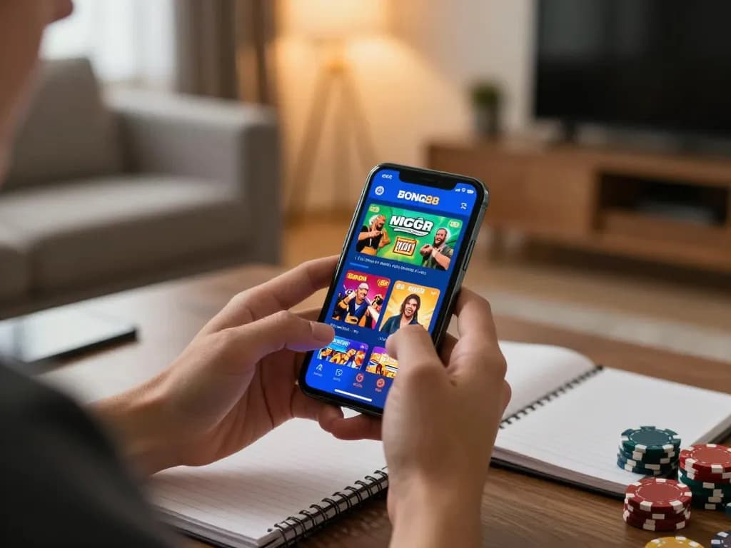 Engaging with BONG88 casino app on smartphone in a cozy home setting