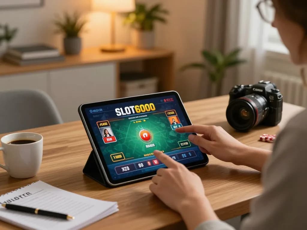 SLOT6000 online poker gameplay on tablet, showcasing strategic betting in a cozy home setting