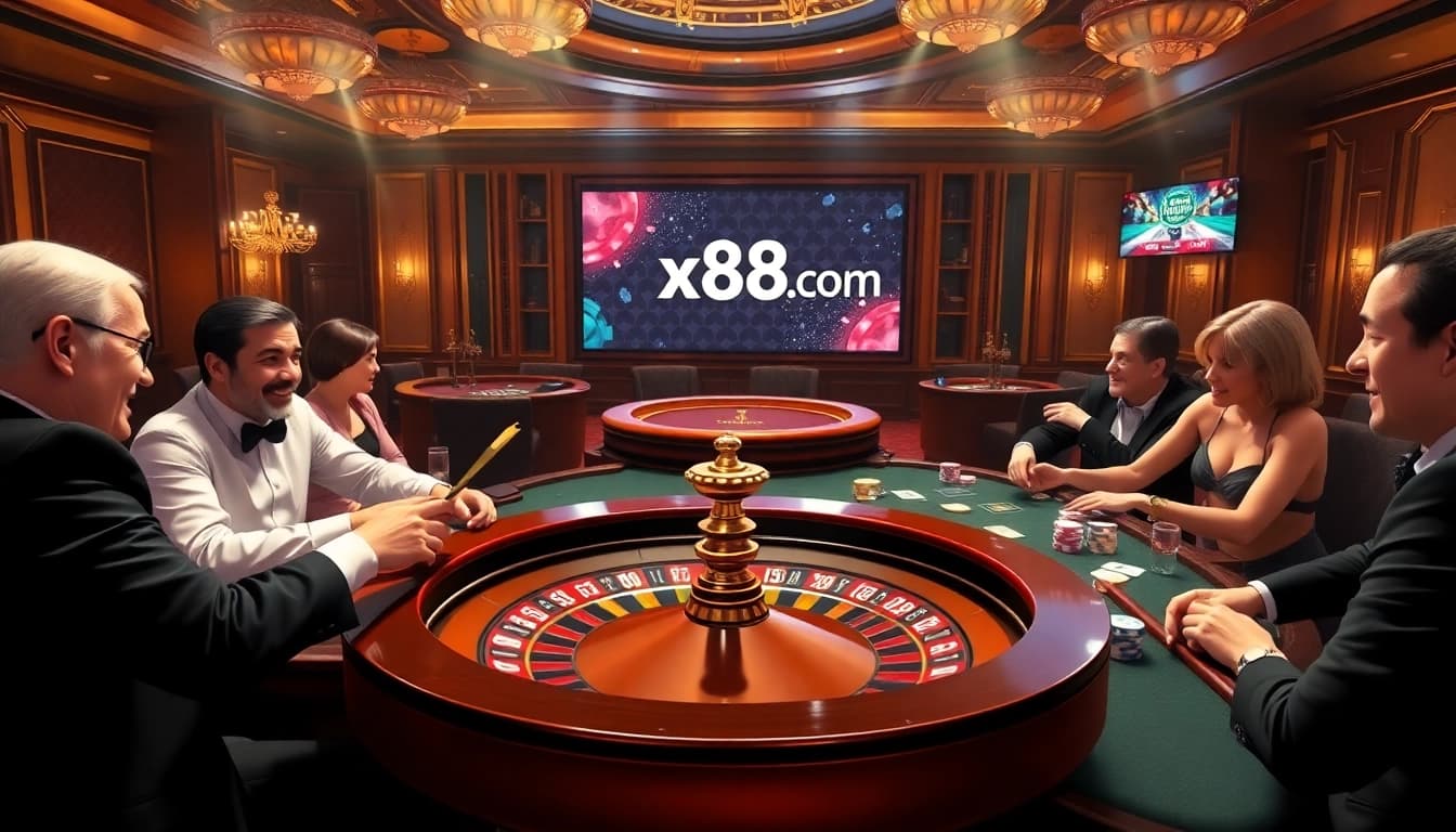 Players enjoying poker and roulette at a luxury casino, featuring https://x88ni.com/ for strategic gaming.