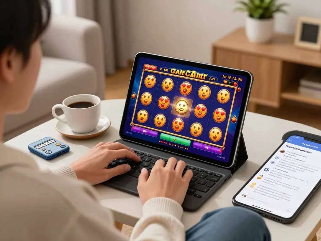 Engaging in slot terbaru online gaming on a tablet in a cozy home environment.