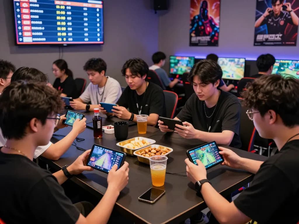 Exciting gaming scene with players engaging in autowin88 mobile games, showcasing vibrant screens, snacks, and a friendly atmosphere.