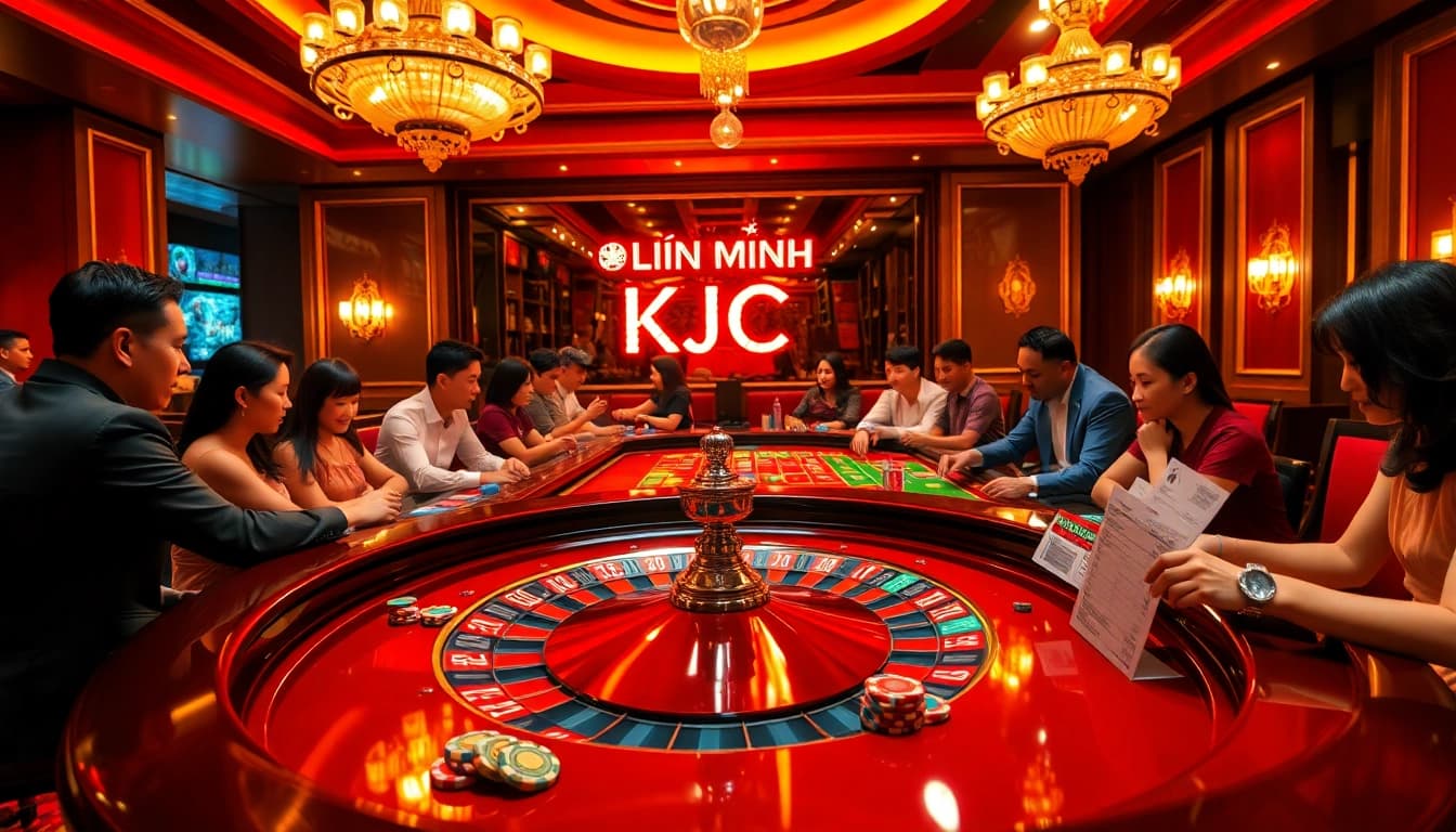 Experience the thrill of 'LIÊN MINH KJC' at an upscale casino with players enjoying roulette.