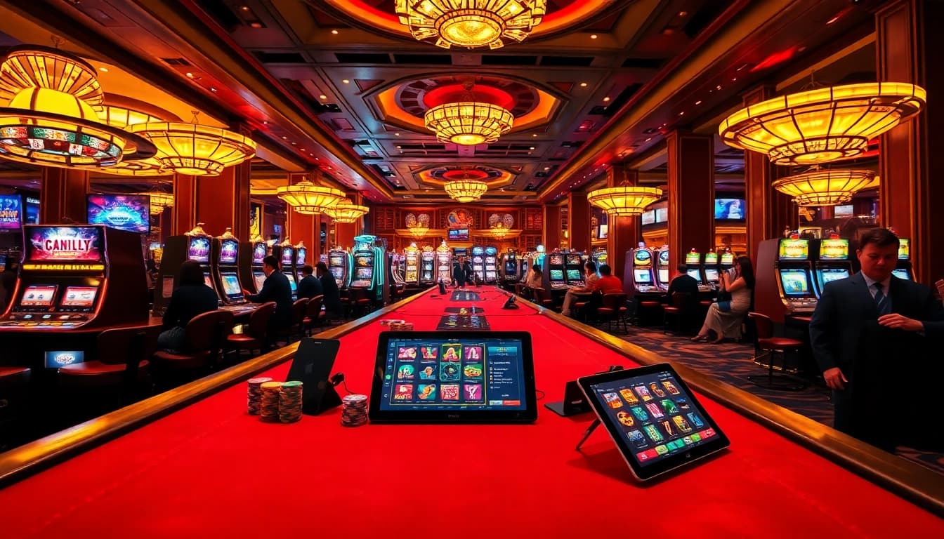 Experience the thrill of winning at https://luckywin.fan/ with an upscale casino scene featuring vibrant gaming tables.