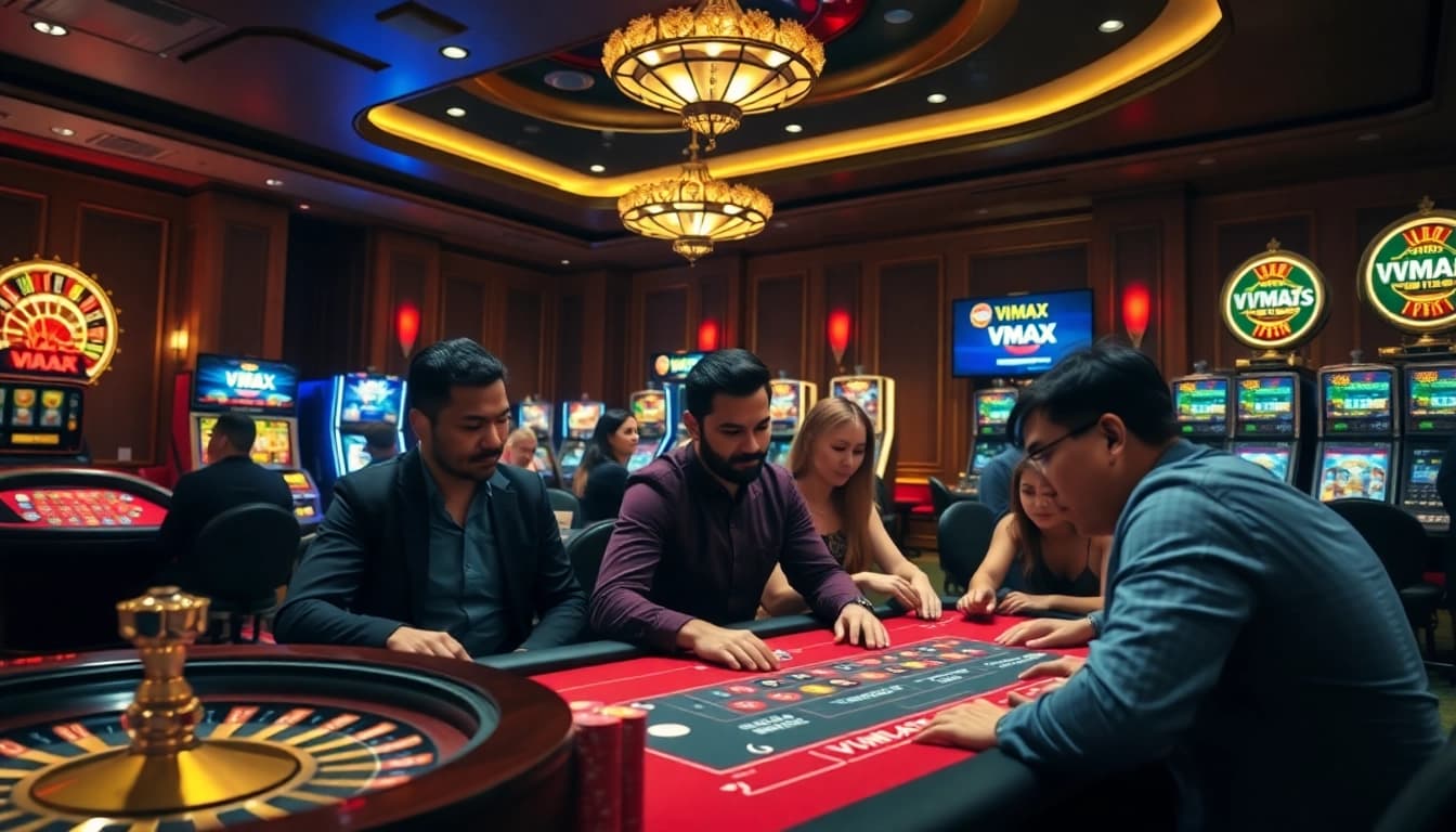 Gamblers enjoy intense action during the game VMAX at a high-end casino table.