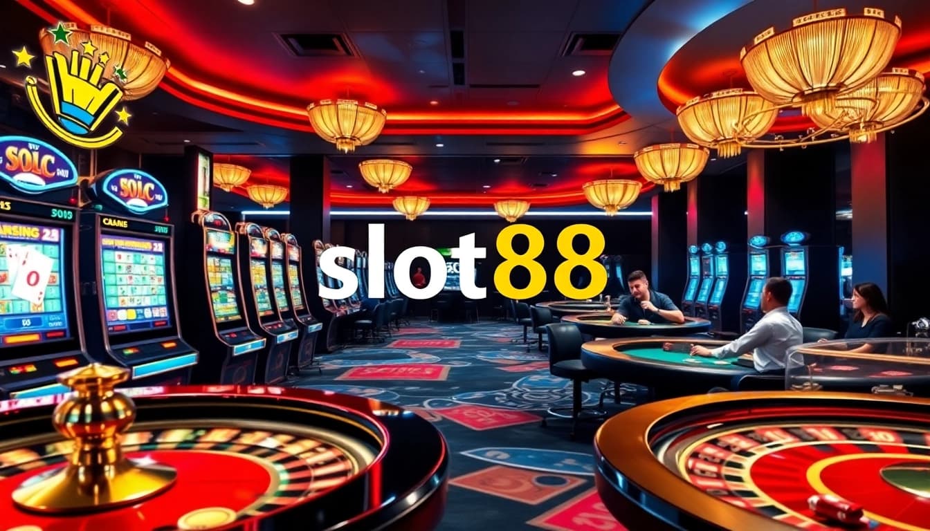 Experience the thrill of playing slot88 in a luxurious casino setting with vibrant slot machines and engaging gameplay.