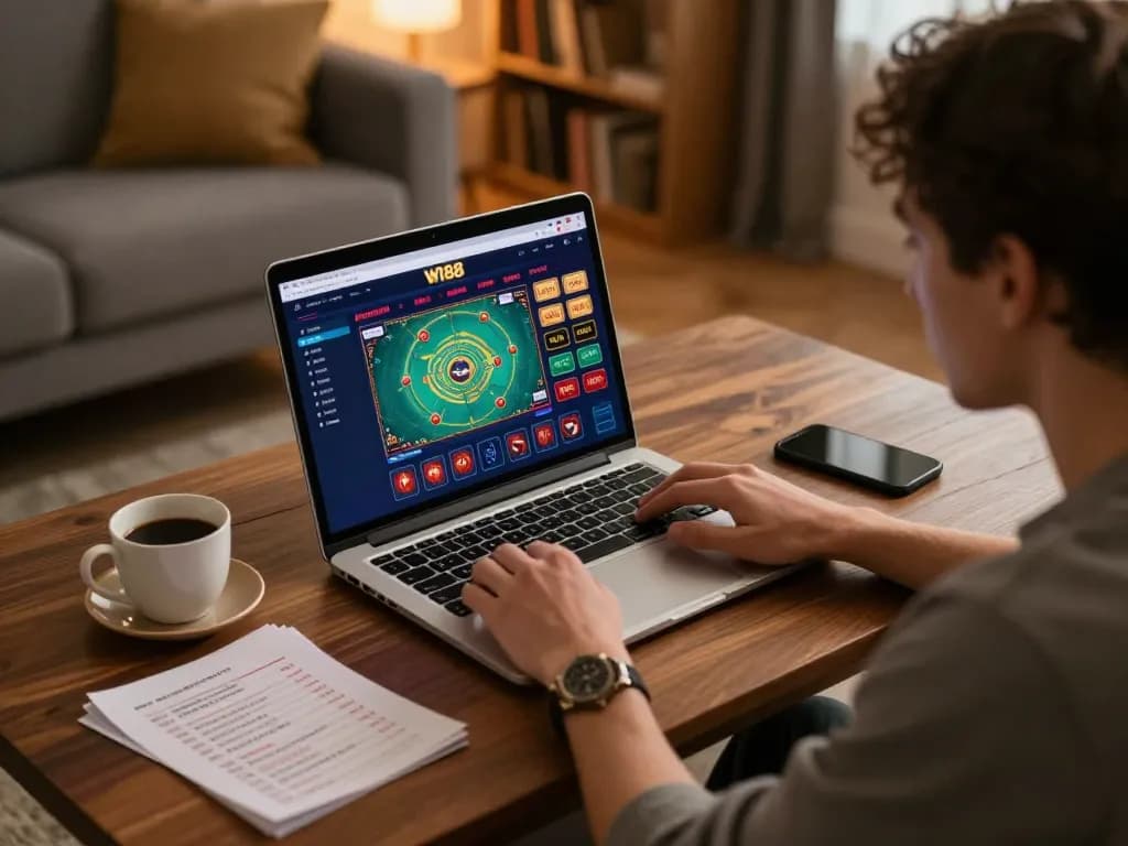 Player engages with W188 casino app on laptop while strategizing with notes and coffee.