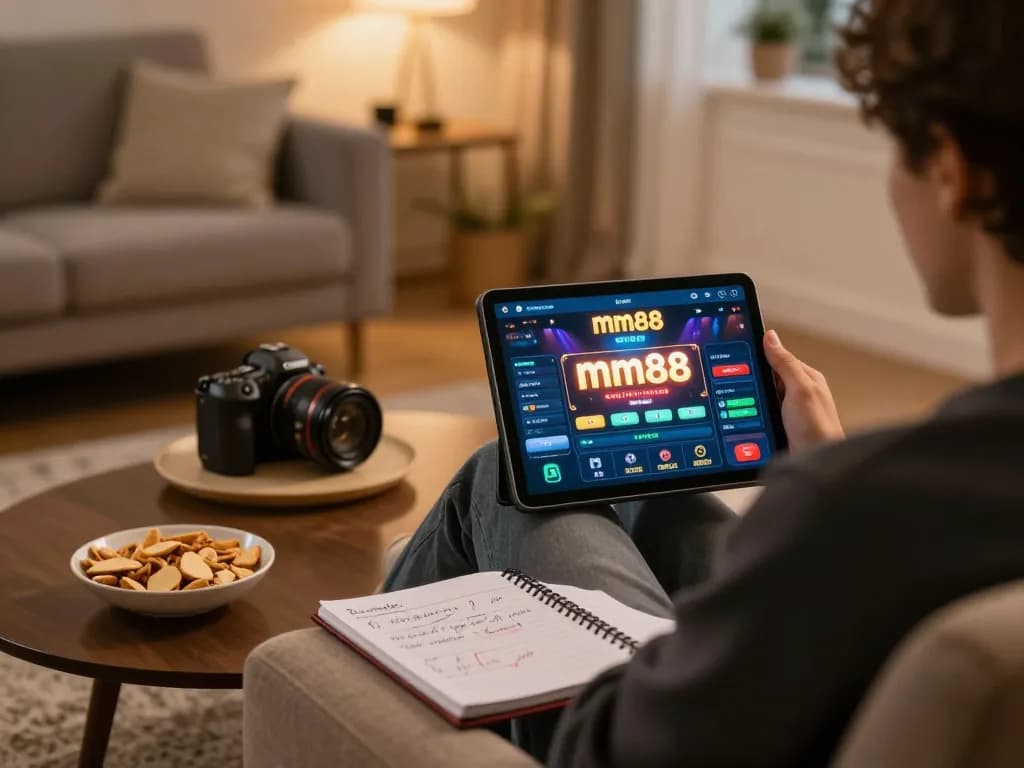 Engaging with the mm88 link casino app in a cozy home setting, showcasing strategic online gambling