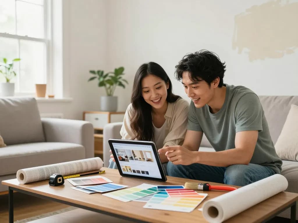 Home renovation project with couple discussing design ideas, showcasing a stylish living room.
