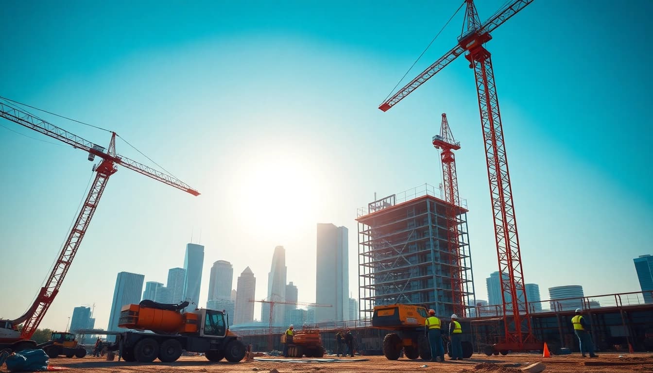 Workers and cranes active on a construction site representing Texas construction news.