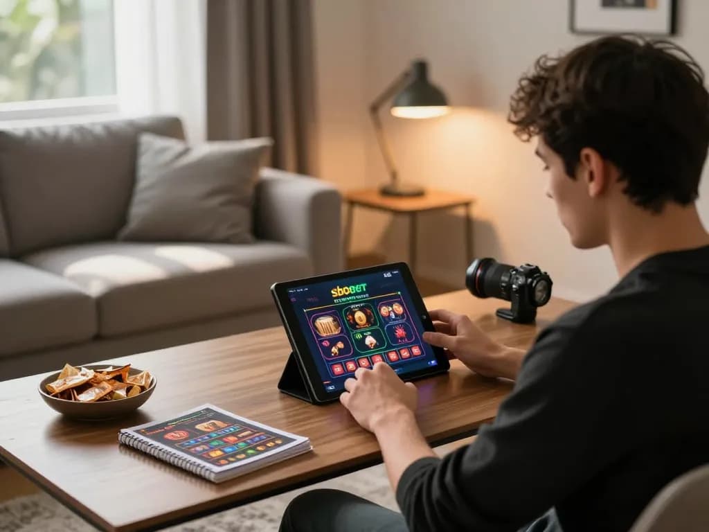 Experience sbobet online casino action with a sleek tablet setup at home, inviting gaming atmosphere.